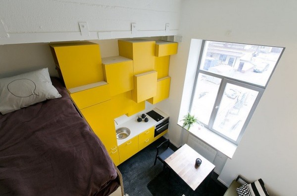 View of the Kitchenette and Bright Yellow Kitchen Cabinets