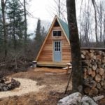 14×14 A-frame tiny cabin built using plans from Simple Solar Homesteading 001