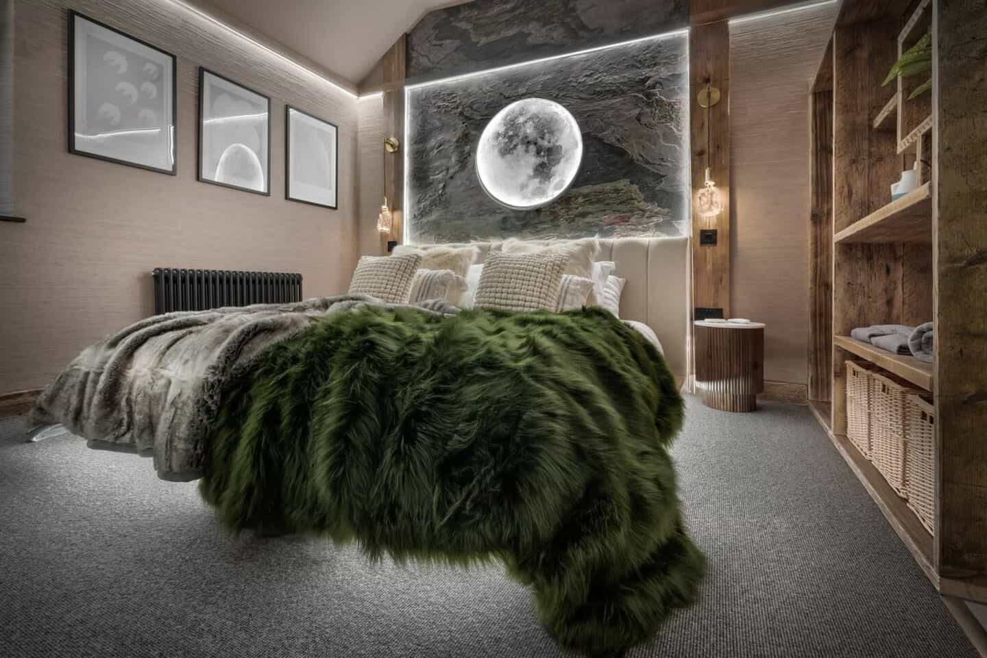Cozy Bedroom with Moonlit Wall Art