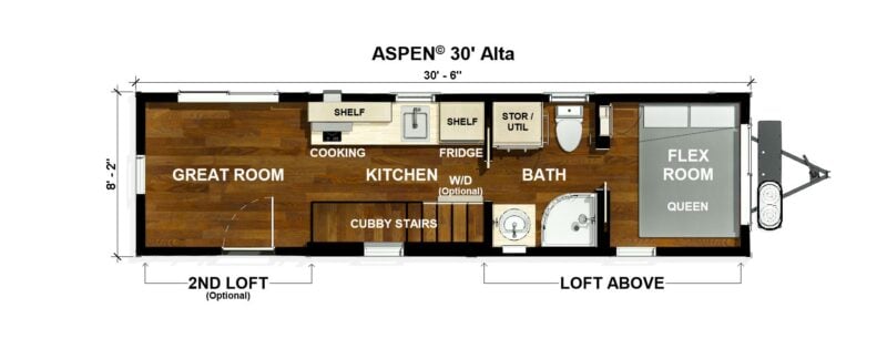 Compact Aspen Tiny Home RV with flexible living space.