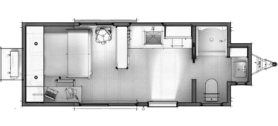 Floor plan of a 8’ x 20’ 2024 Studio Series tiny house by California Tiny Houses.
