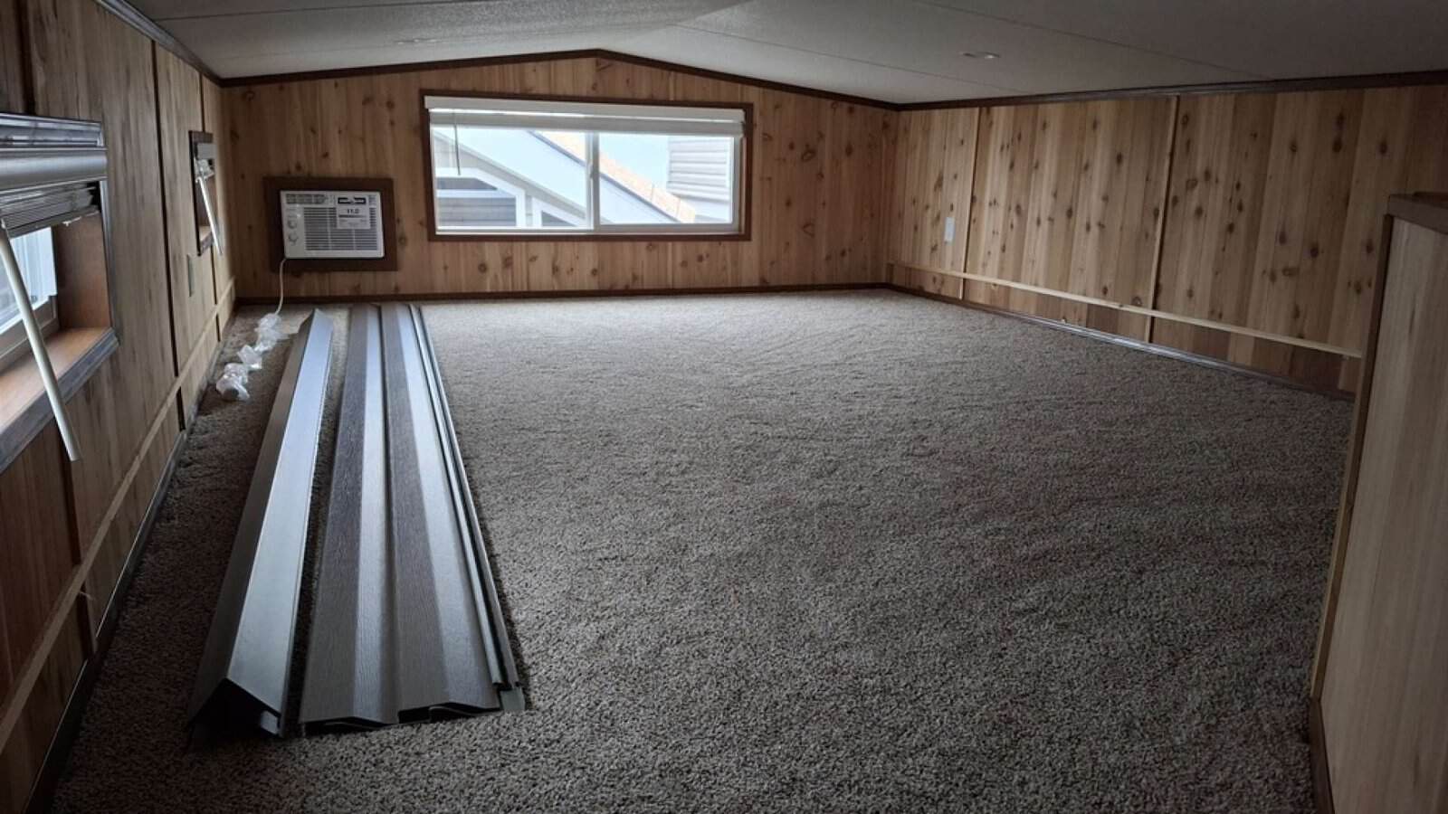 Carpeted super loft with paneled knee walls and a window at the far end