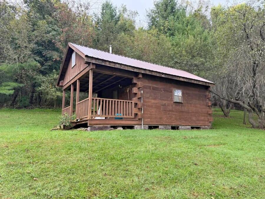 Small brown log cabin with a metal roof and covered front porch on a grassy hillside with trees behind