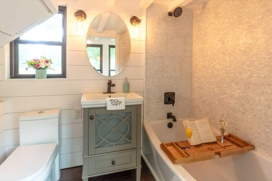 Bathroom fixtures and layout in the dual loft tiny house
