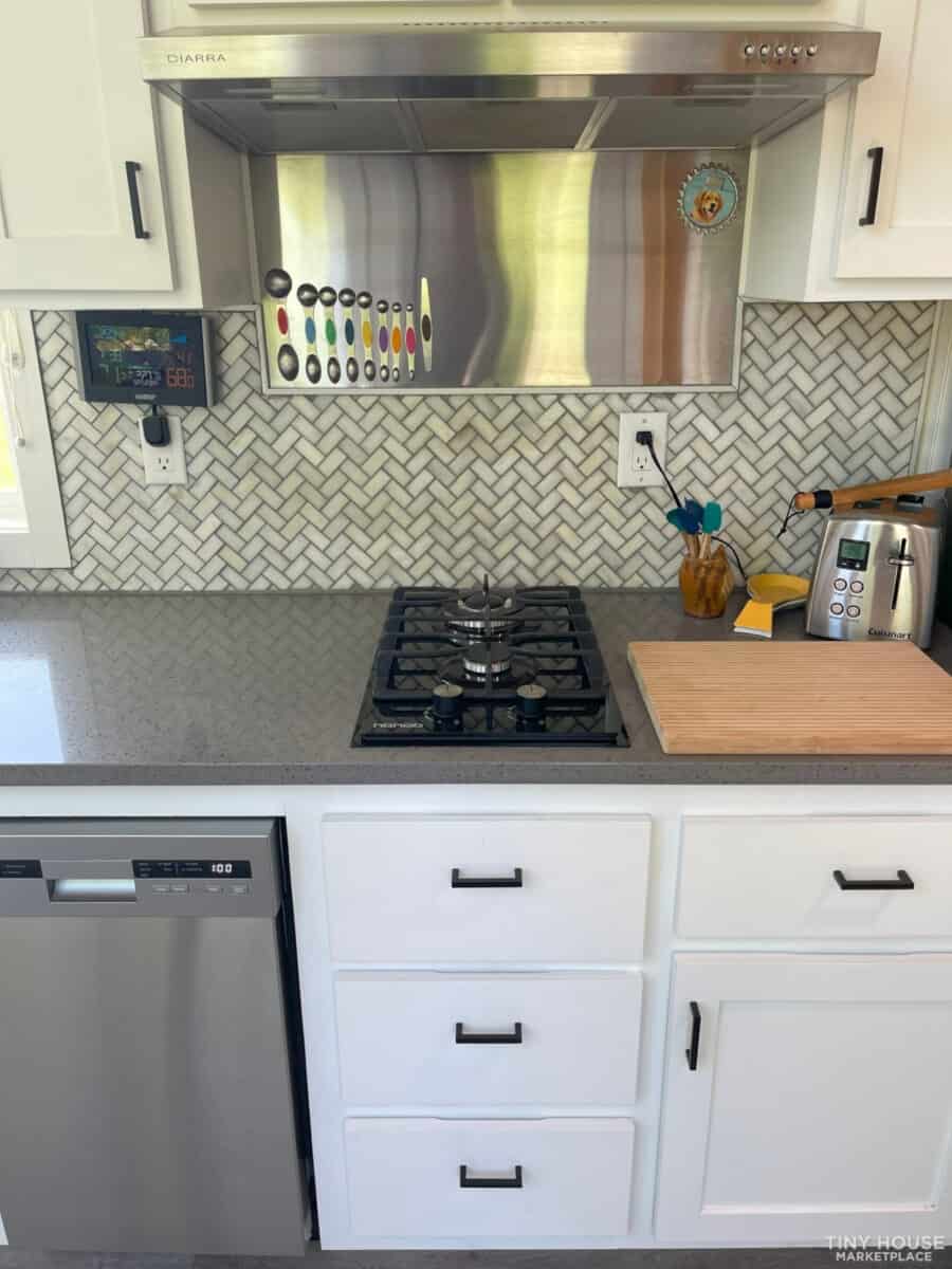 Modern tiny house kitchen with stainless steel appliances and stylish backsplash.