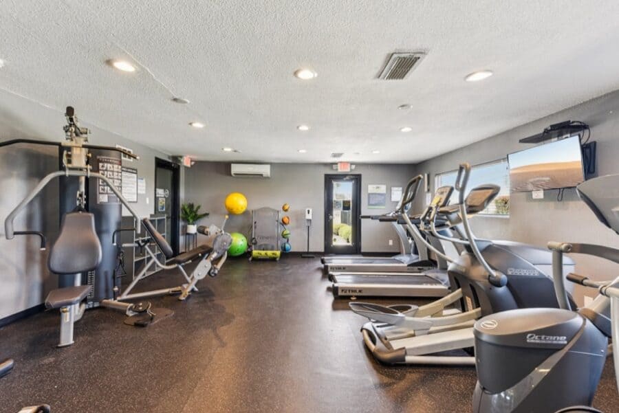 Modern gym inside a tiny house at Lone Star RV Resort near Austin.