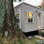 Tiny house with gray siding and large tree in yard, showcasing affordable small space living.