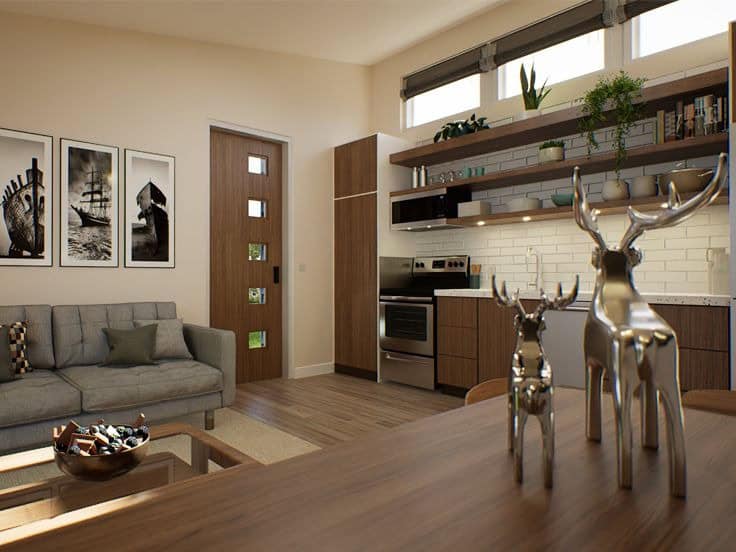 Modern tiny house interior with open kitchen and cozy living space.