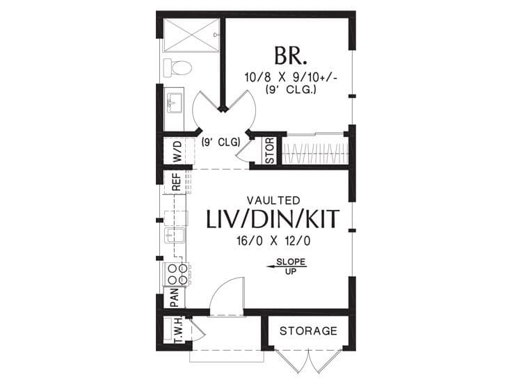 Efficient tiny house layout with bedroom, living area, and storage solutions.