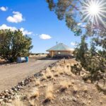 Tiny house with a metal roof in a sunny, arid landscape with sparse vegetation and a bright sun.