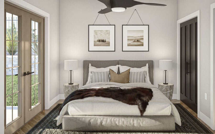 Modern small bedroom with cozy bed, stylish decor, and natural light.