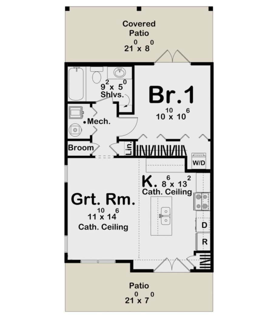 595 sq. ft. Foundation Tiny House Plans