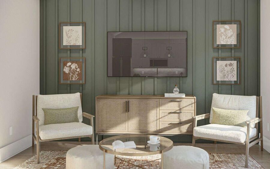 Stylish tiny house living room with modern decor and comfortable seating.