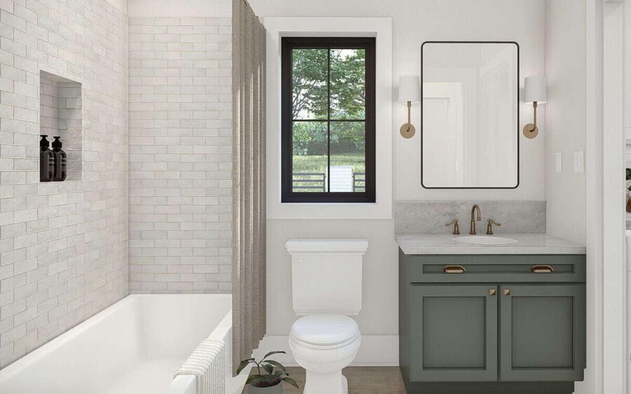 Modern tiny bathroom with white tiles, gray vanity, and minimalist decor in a small cottage.