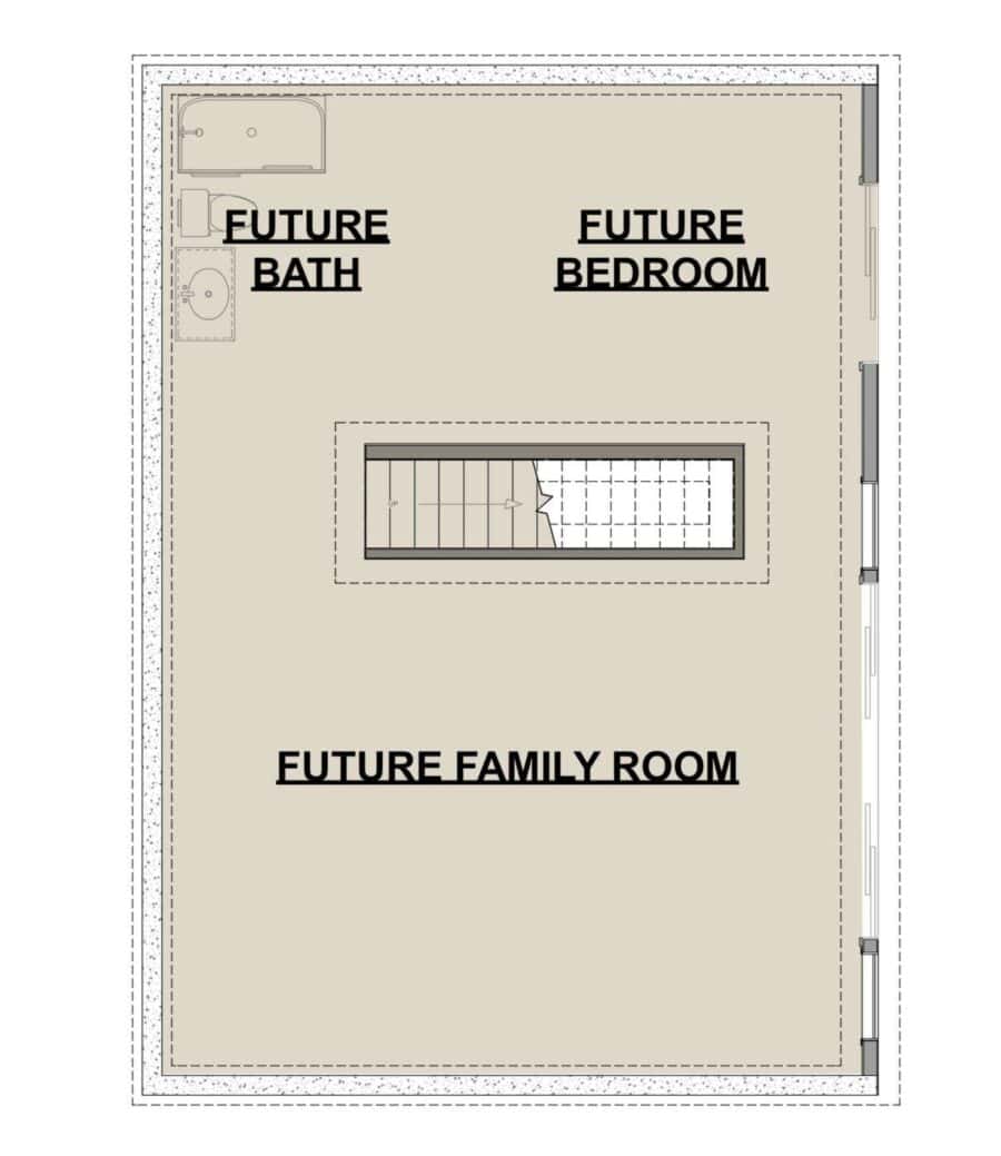 Floor plan of a small house with dramatic roofline, future bathroom, bedroom, and family room.