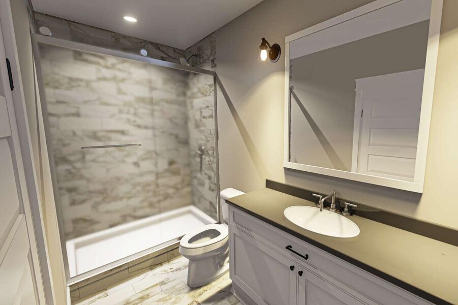 Modern tiny house bathroom with walk-in shower and compact toilet.