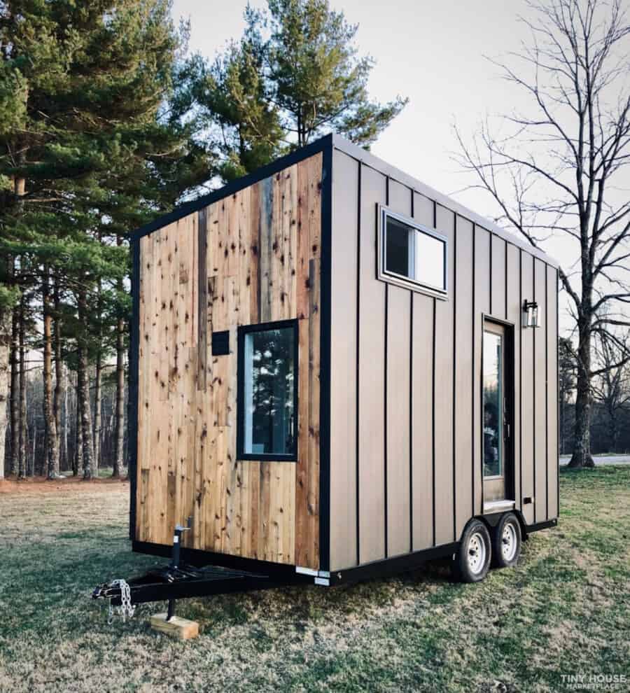 Modern 8x16 tiny house on wheels featuring Western cedar siding and sleek design.