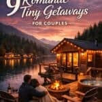 Romantic tiny house by the lake with outdoor fire pit and scenic mountain views.