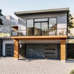 Modern small house with a spacious garage and large glass windows.