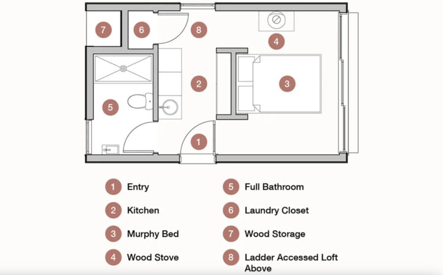 Compact tiny house interior with efficient layout and small space design.