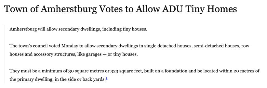 Amherstburg Ontario Canada Town Votes to Allow Secondary Dwellings – ADU Tiny Homes on Foundations