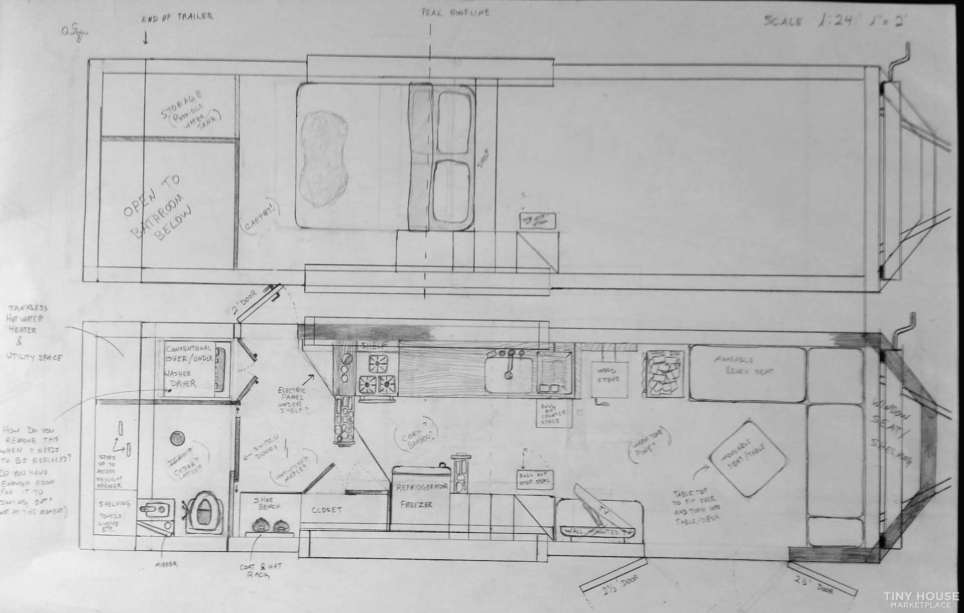 Hand-drawn architect floor plans showing both levels of the tiny house at 1:24 scale