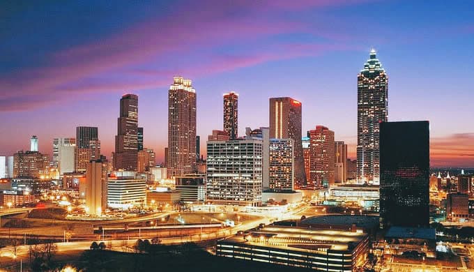 Atlanta, Georgia skyline at dusk, the host city for the October 2026 tiny house workshop