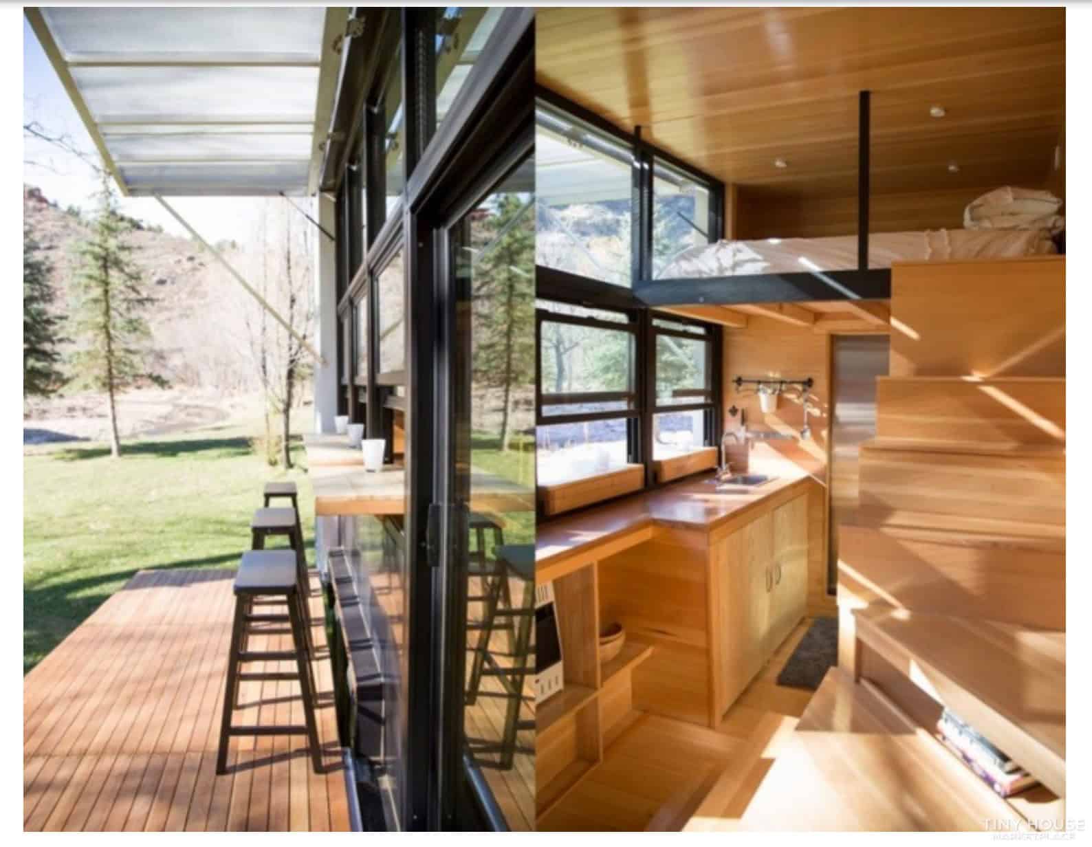 Glass porch and cozy wooden interior of a tiny house for small space living.