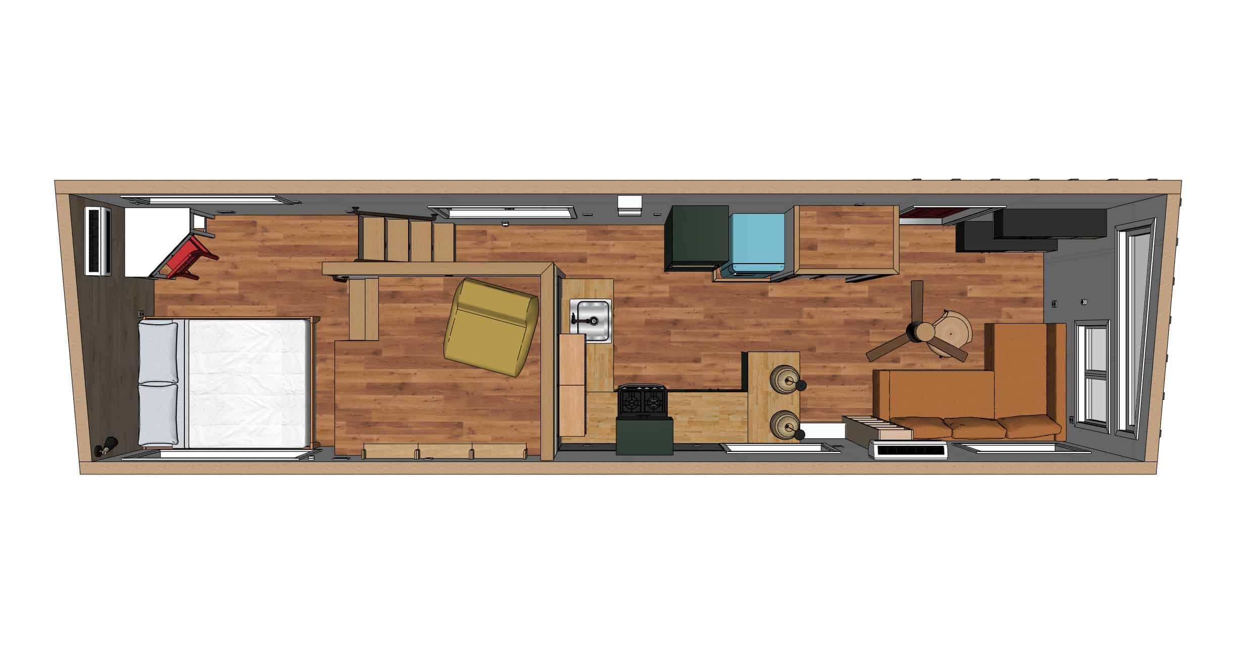 The floor plan of The Knoll showing the gooseneck loft, bathroom, kitchen, and living area