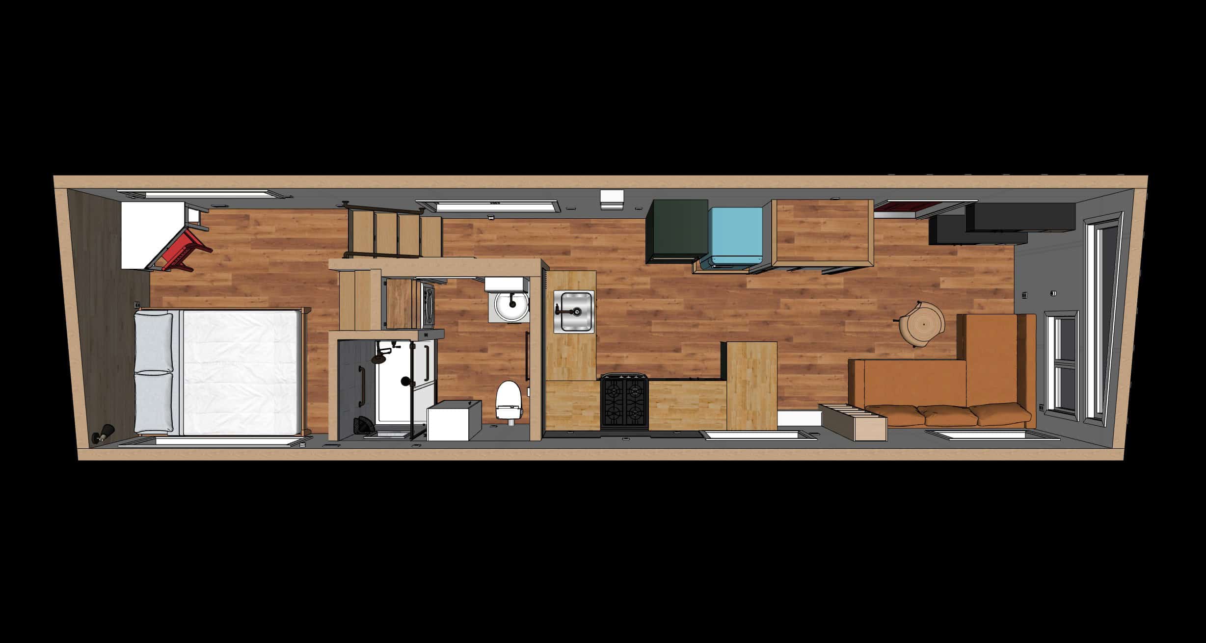 The Knoll main floor plan showing the living room, kitchen, bathroom with shower, stairs, and the bedroom under the gooseneck