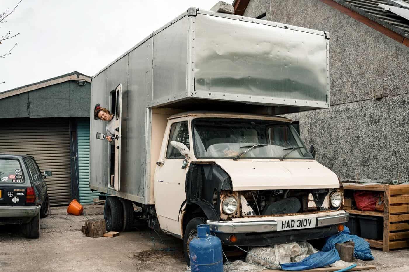 The hand-built aluminum box body added to the Bedford CF chassis during construction