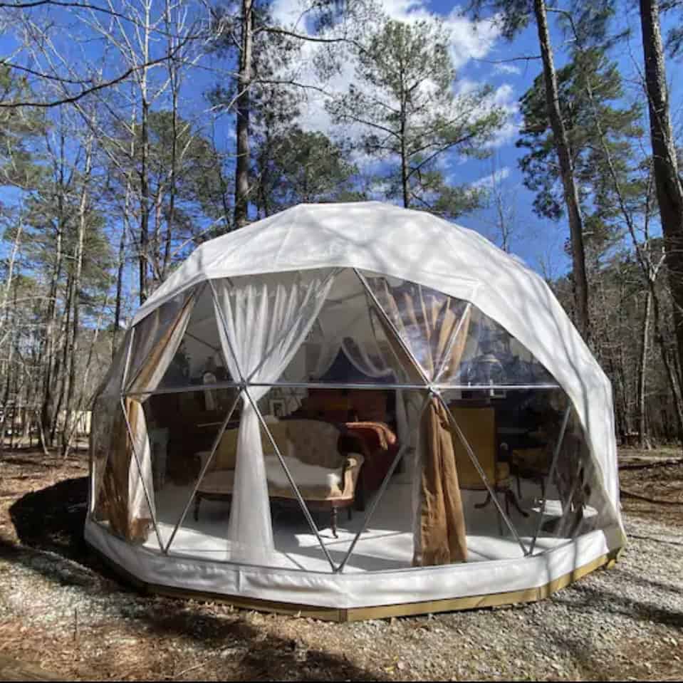 Geodesic dome studio with clear panels and vintage furniture inside, set among pine trees