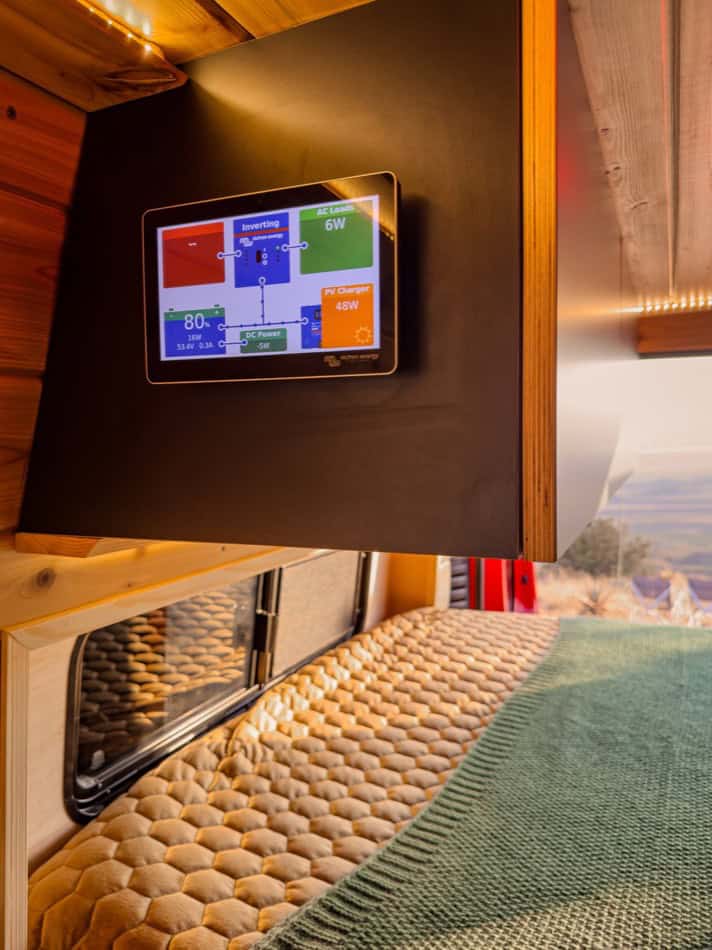 Smart power management system display inside a tiny house camper van.