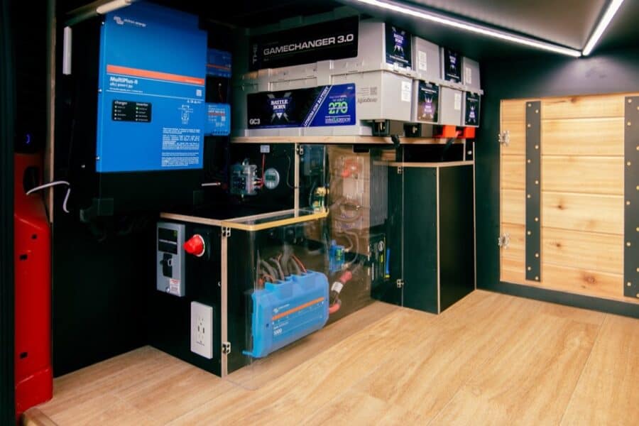 Compact energy storage and power system inside a tiny house.