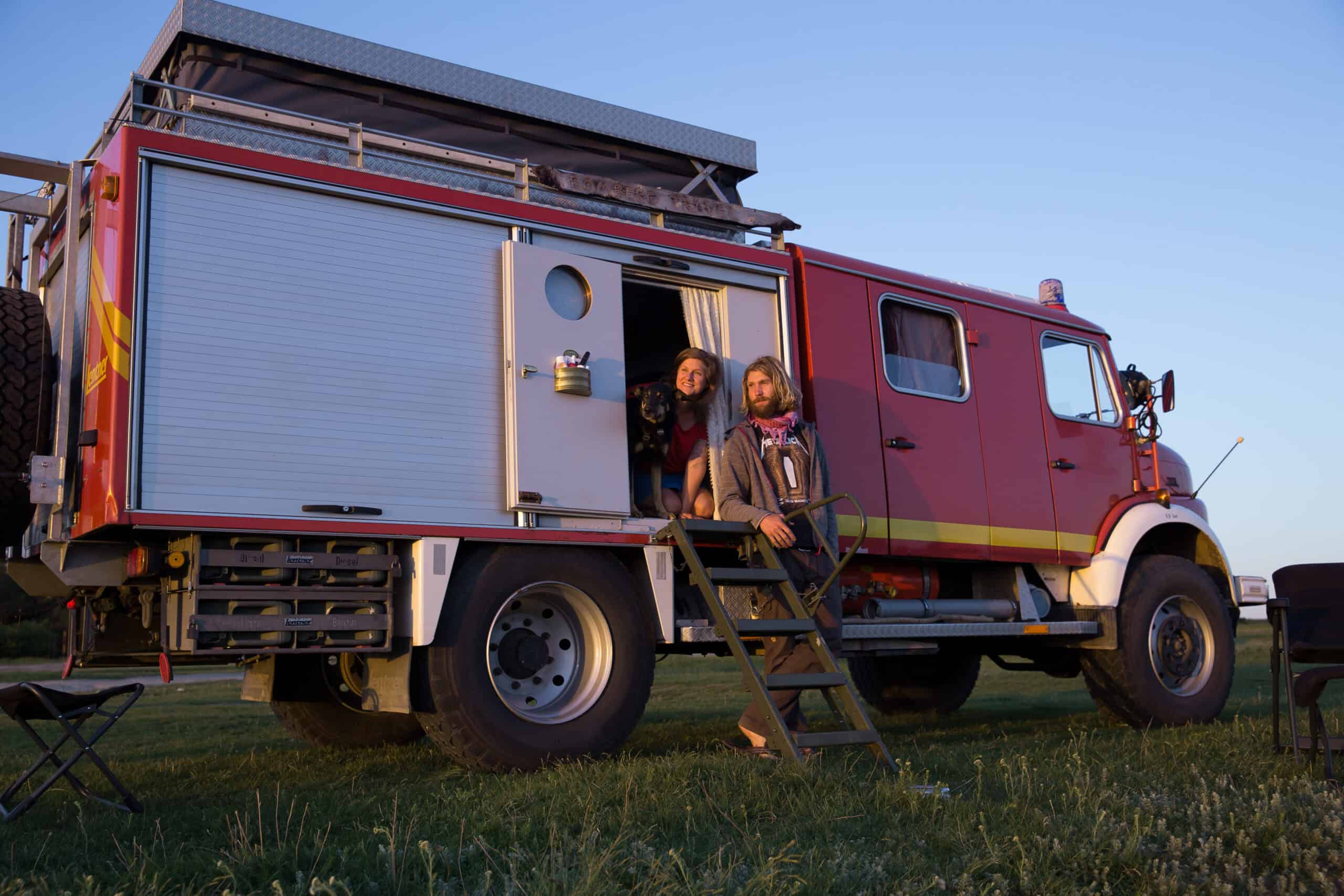 Bombero Travel converted 1987 Mercedes-Benz 1113 firetruck with pop-top two-story layout