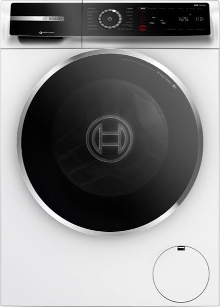 Laundry washing machine with digital controls and modern design.