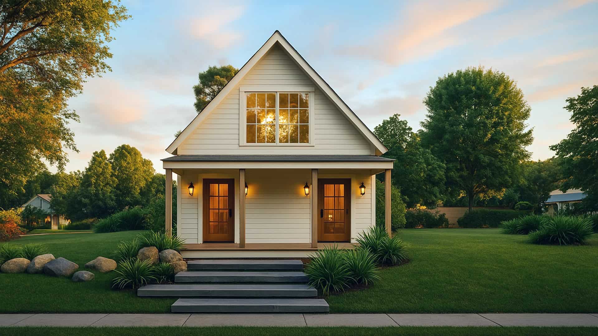 BoxHouse Duplex exterior rendering showing a gabled two-door tiny duplex with a covered porch at dusk