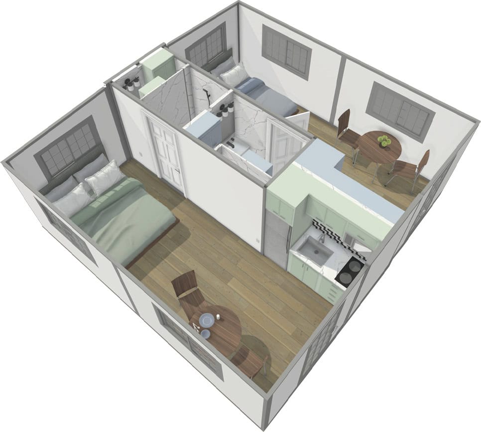 Cutaway floor plan rendering of the BoxHouse Duplex showing two mirrored 190 sq ft units with separate kitchens, bathrooms, and bedrooms