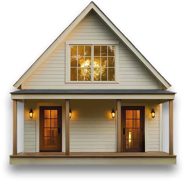 Front elevation rendering of the BoxHouse Duplex with two separate entry doors under a covered porch