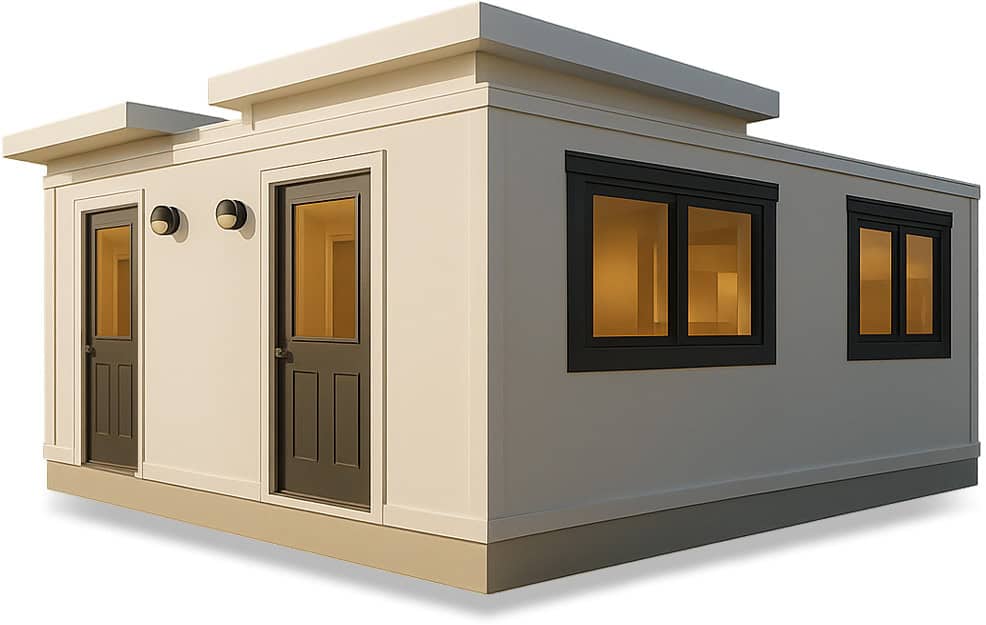 Modern flat-roof BoxHouse Duplex rendering with two entry doors, dark window frames, and a two-tone exterior