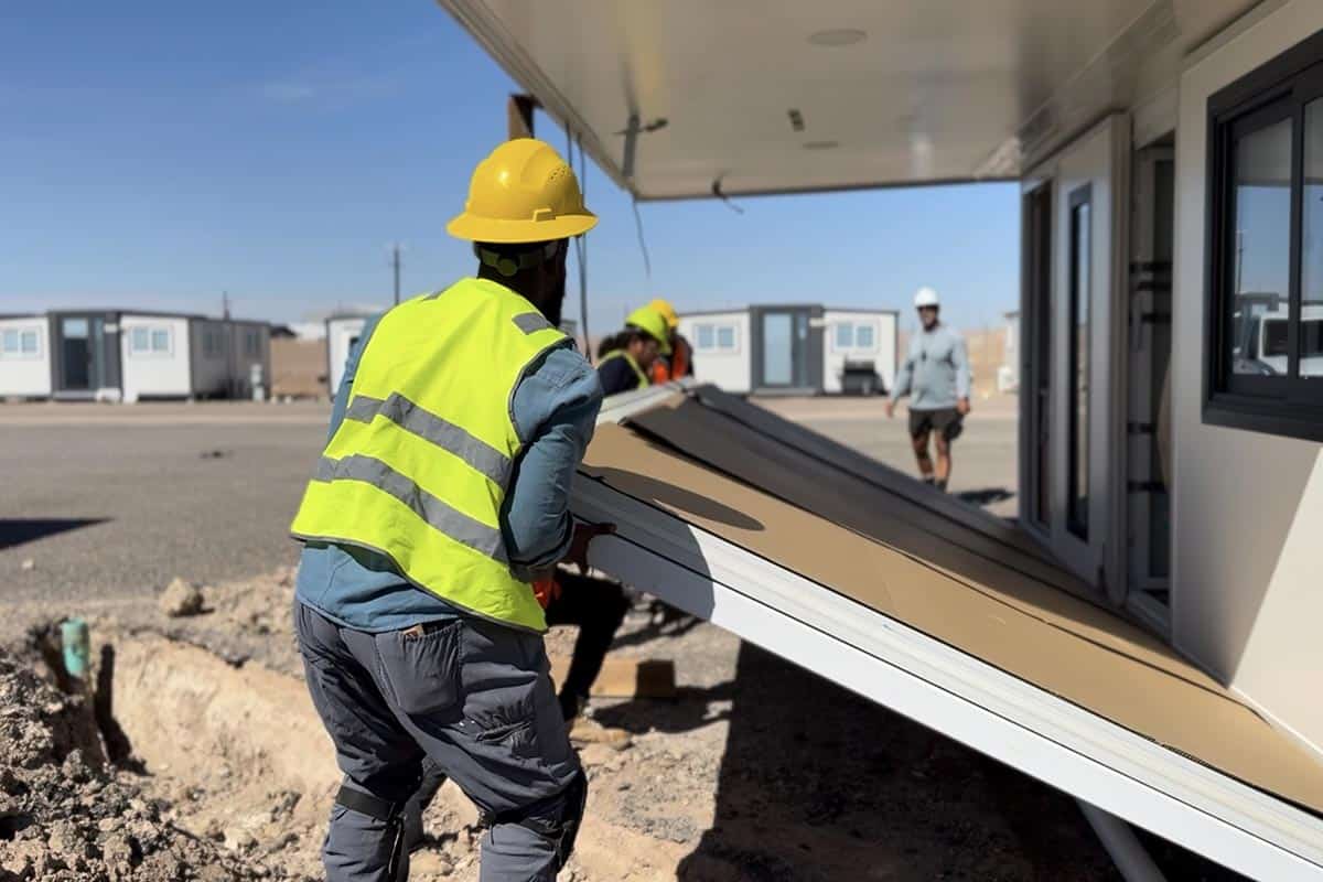 Workers guiding a hinged BoxHouse wall panel down into place as the folded unit opens up on site