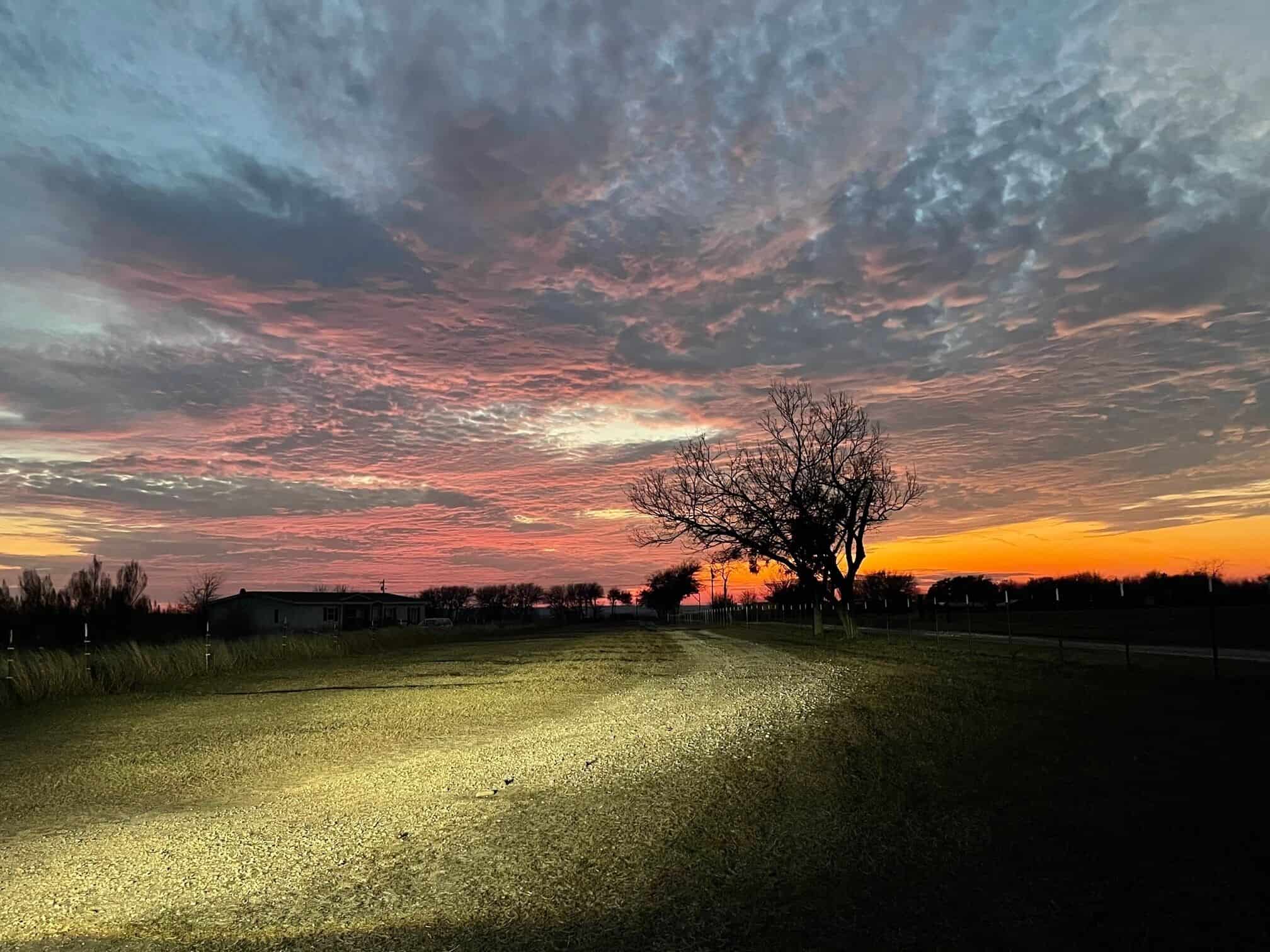 Dramatic pink and gold sunset over the open fields at Spencer Ranch Texas