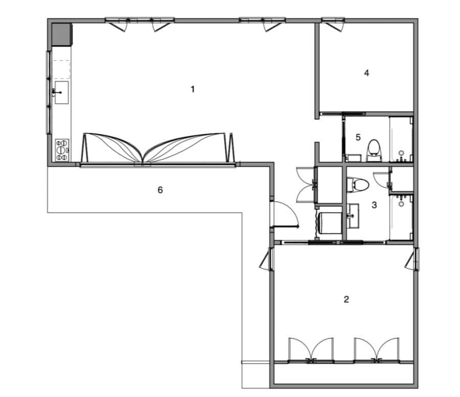 Compact tiny house design with efficient use of 945 sq ft space.