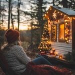 Woman enjoying festive decorations outside a tiny home at sunset.
