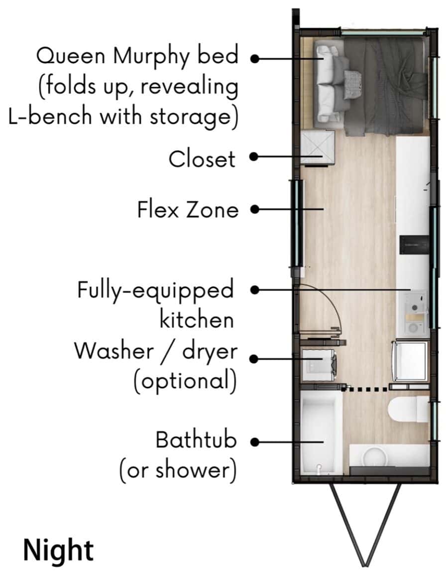Compact tiny home with queen bed, kitchen, and bathroom in small space.