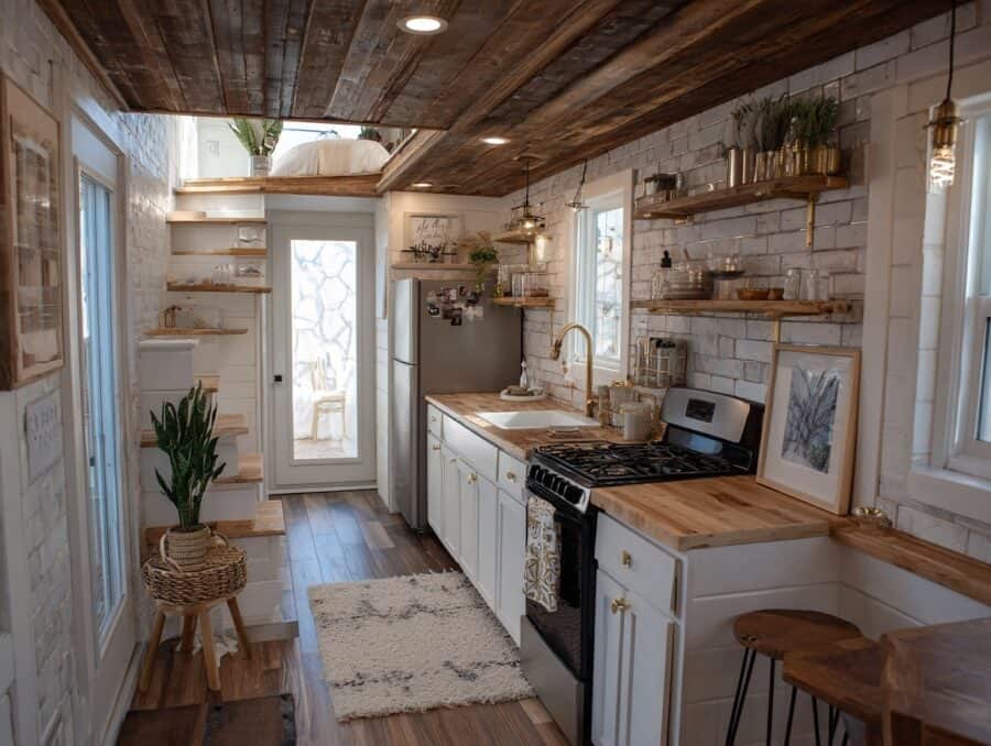 Compact kitchen with wooden shelves, white cabinetry, and a cozy dining nook in a tiny house.