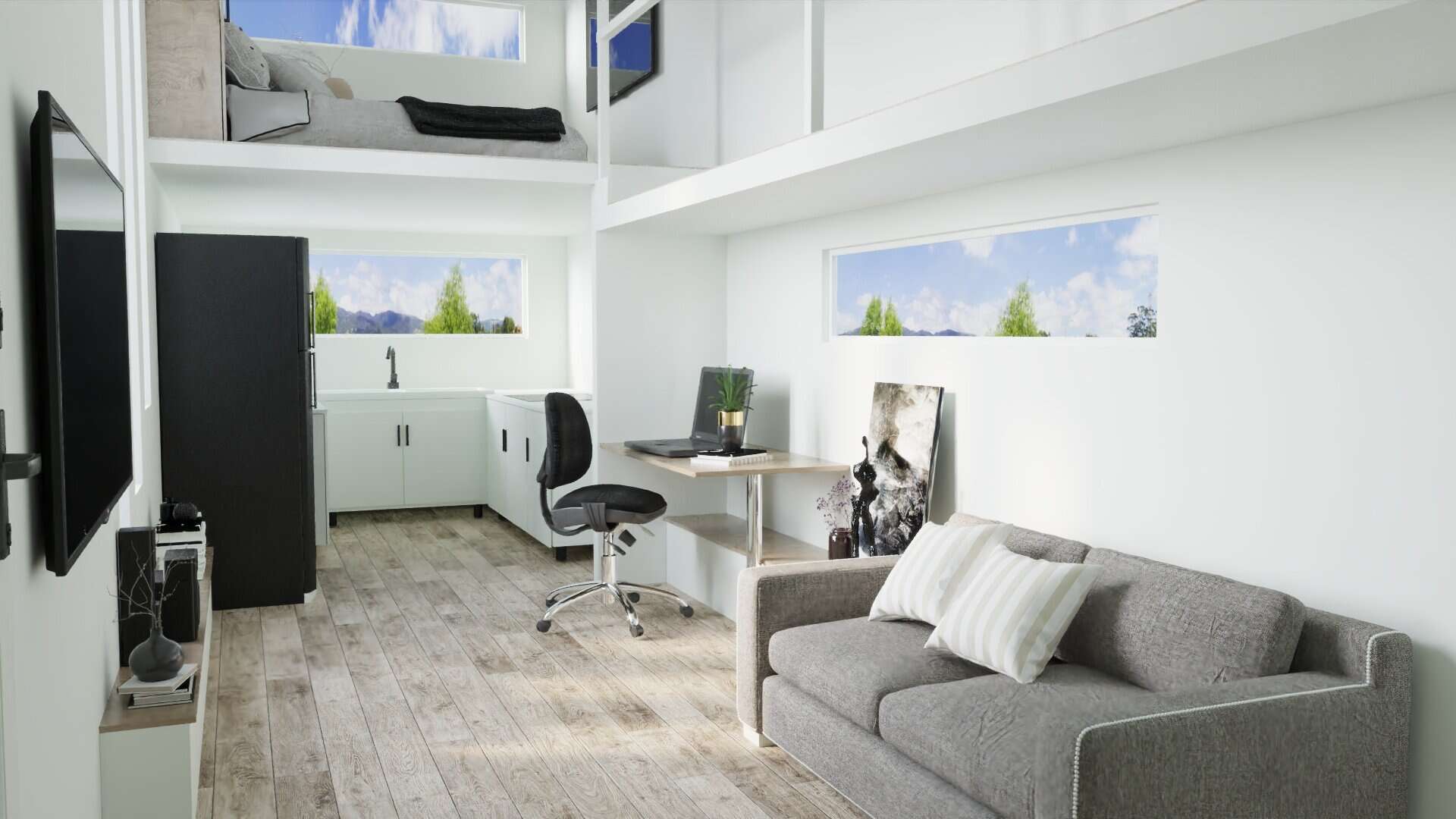 Modern Tiny House Interior with Workspace and Loft