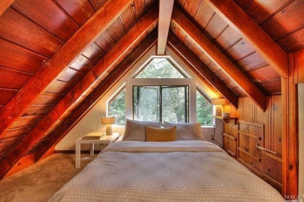 Cozy Upstairs Sleeping Loft with Awesome Windows and Built-in Storage