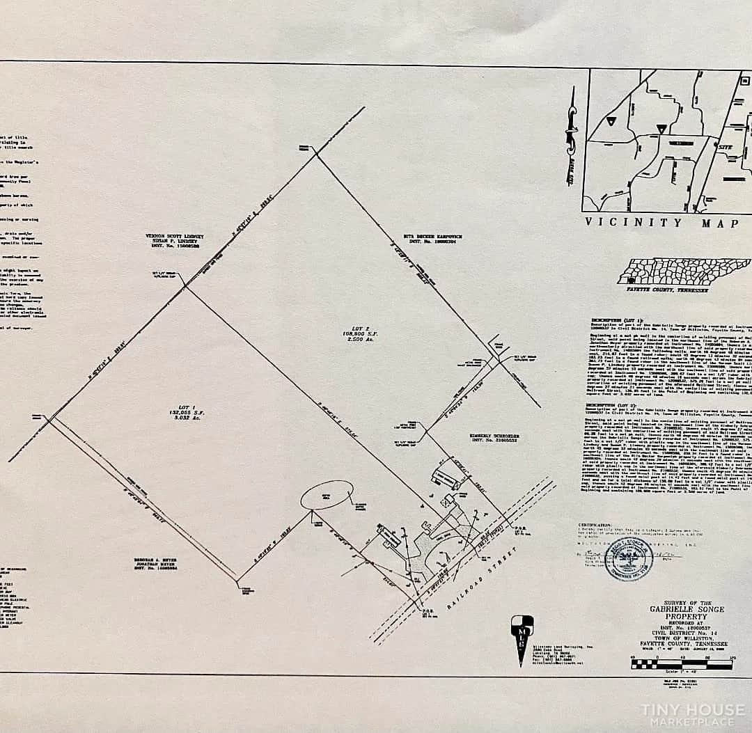 Recorded survey plat map of the three-acre parcel at 5735 Railroad Street in Williston, Tennessee.