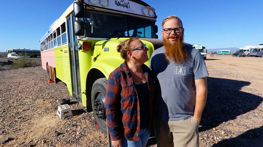 Couple Sell House To Build School Bus Conversion Sloth High Five via Tiny Home Tours YouTube 005